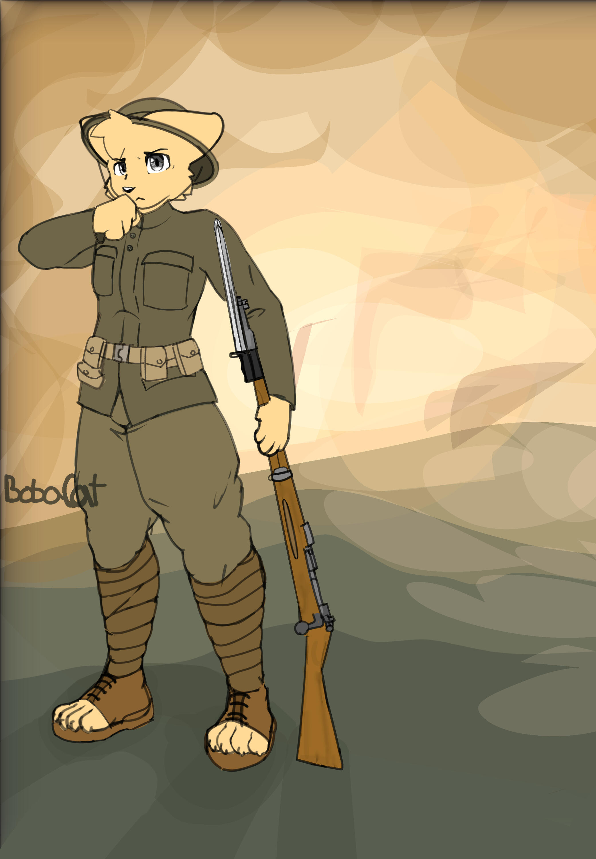 Flat color WW1 cat soldier